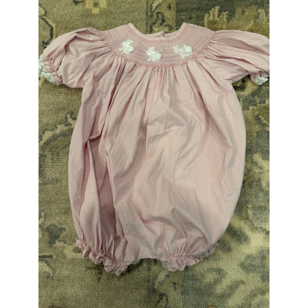 Pleats And Stitches Smocked Pink Bunny Short Sleeve Easter Bubble Ruffles 3T